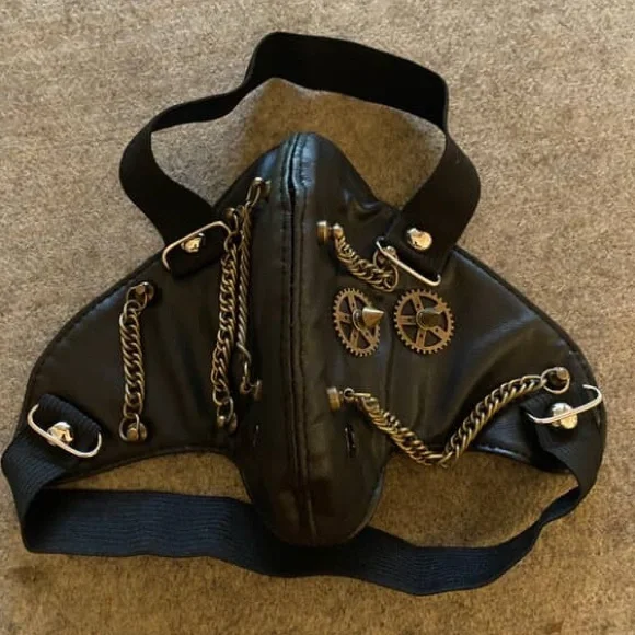 Handmade Steampunk Faux Leather Mask w/ Brass Chains & Gears